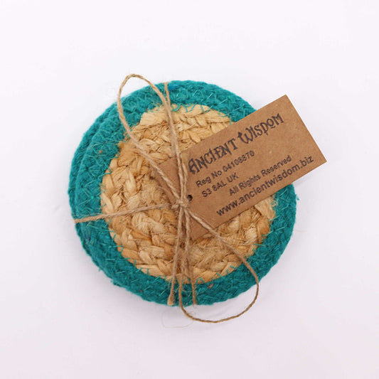 Natural Coaster - Jute & Cotton 10cm (set of 4) - Teal Boarder