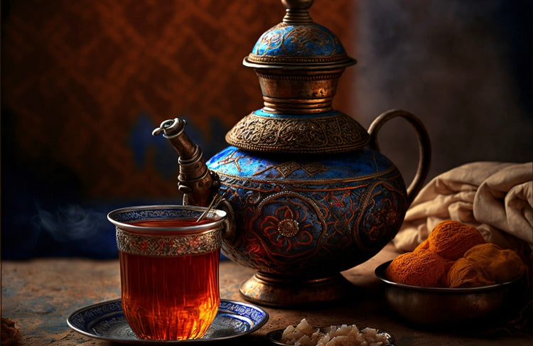 Scène chaleureuse et raffinée d’un service à thé oriental comprenant une théière artisanale richement décorée en bleu et doré, posée à côté d’un verre de thé ambré sur une soucoupe assortie.