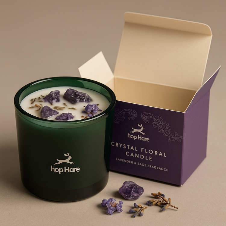 Photographie d’une bougie florale en cristal présentée dans un élégant pot en verre vert foncé avec le logo Hop Hare. La bougie est décorée de cristaux d’améthyste, de fleurs séchées violettes et de brins de lavande.