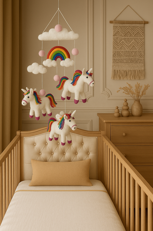 Apportez magie et douceur avec notre mobile Licornes Arc-en-ciel en feutre fait main. Une décoration féérique et artisanale pour chambre d’enfant.