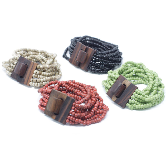 Multi-Bead Bangle Wooden Clasp - Asst Colours